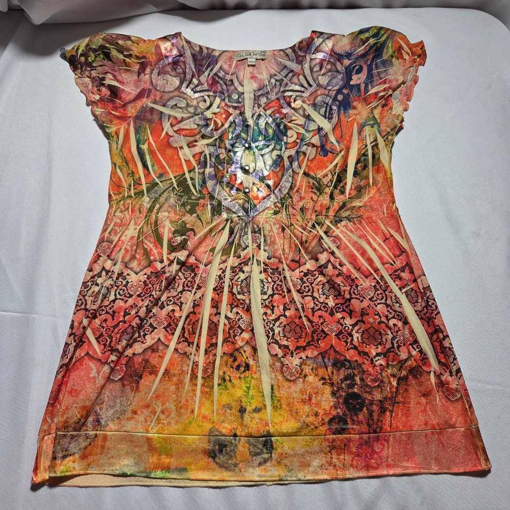 Live and Let Live Womens PM Petite Medium Abstract Print V-Neck Tunic Blouse Top